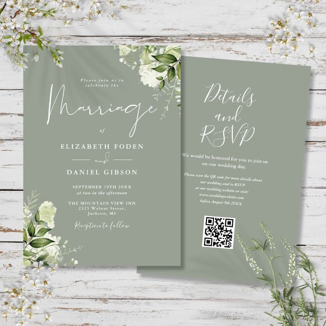 Invitación Código QR Floral Verde de Bodas con Vegetación Ver (Greenery Floral QR Code Sage Green Wedding Invitation)