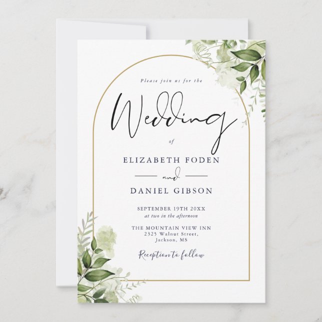 Invitación Código QR Floral Verde Dorado Arco Boda (Anverso)