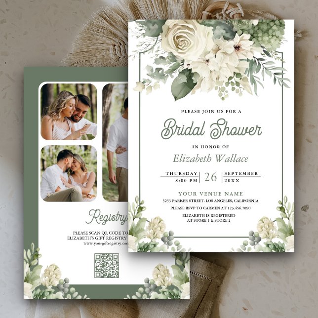 Invitación Código QR Floral Verde Marfil Sabio para Despedida (Subido por el creador)