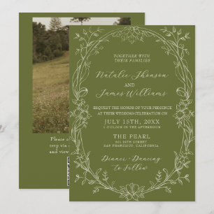 Invitación Código QR Floral Verde Oliva Foto Boda Old Money
