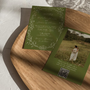 Invitación Código QR Floral Verde Oliva Foto Boda Old Money