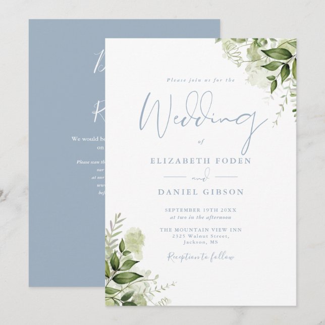Invitación Código QR Floral Verde Olvido Azul Boda (Anverso / Reverso)