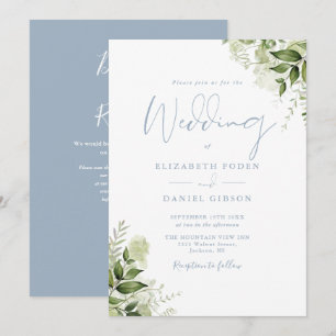 Invitación Código QR Floral Verde Olvido Azul Boda