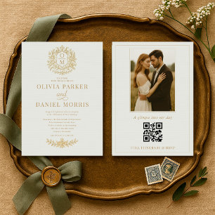 Invitación Código QR Floral Verde Sabio Victoriano Foto Boda