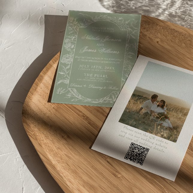 Invitación Código QR Floral Verde Salvia Boho Foto Boda (Subido por el creador)