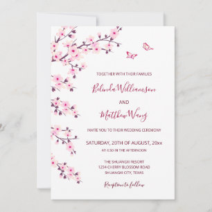 Invitación Código QR   Flores de cerezo Boda blanco rosado