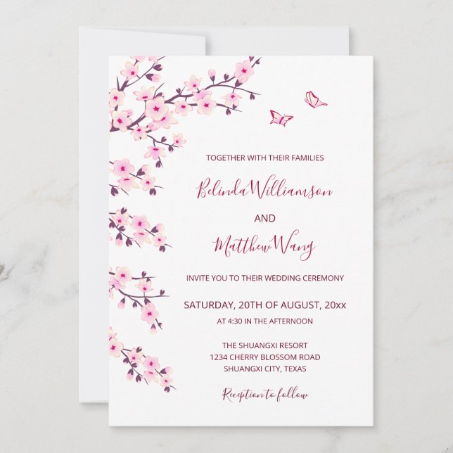 Invitación Código QR | Flores de cerezo Boda blanco rosado (Anverso)