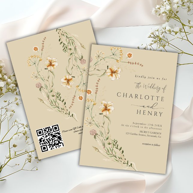 Invitación Código QR Flores Silvestres Simples Boda Neutral  (Subido por el creador)