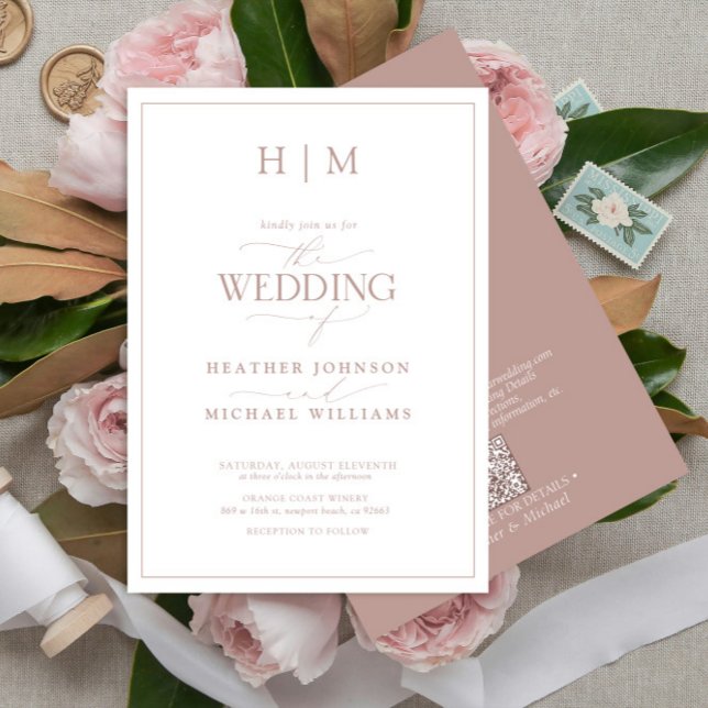Invitación Código QR formal Rosa polvoriento Monograma Boda d (Subido por el creador)