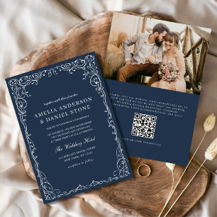 Invitación Código QR Foto Azul de la Marina Boda Elegante Min