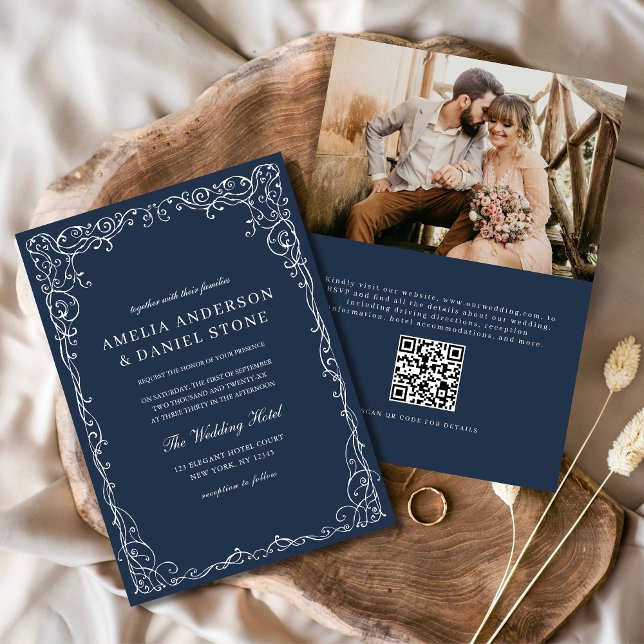 Invitación Código QR Foto Azul de la Marina Boda Elegante Min (Subido por el creador)