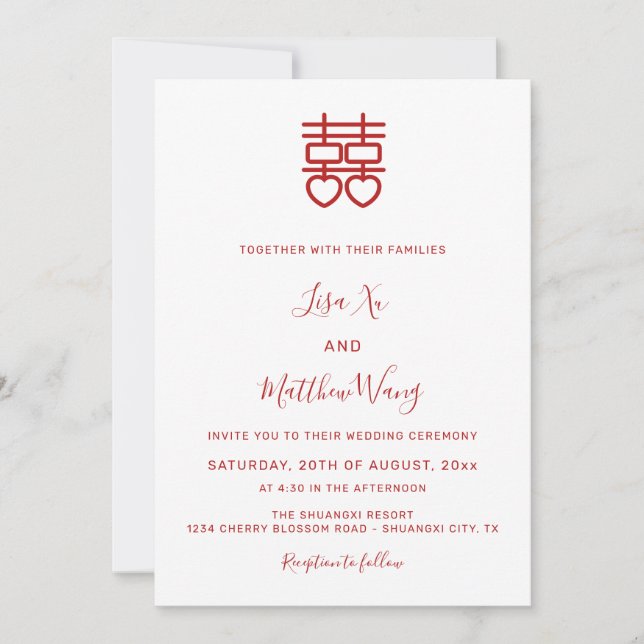 Invitación Código QR Foto | Boda China Rojo Blanco (Anverso)