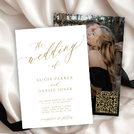 Invitación código QR foto boda elegante moderna oro