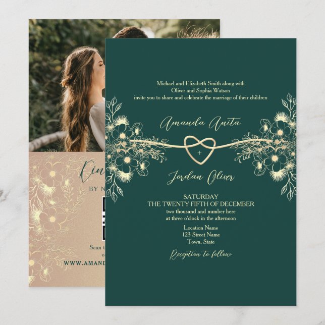 Invitación Código QR Foto Bodas Esmeralda Verde Oro (Anverso / Reverso)