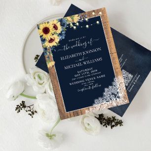 Invitación Código QR Girasol Azul Marino Madera Encaje Boda
