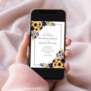 Invitación Código QR Girasol Morado Ciruela Acuarela Boda