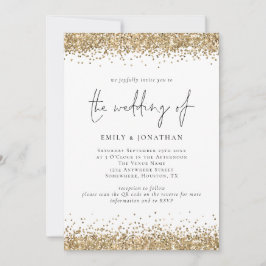 Invitación Código QR Glam Bordes de Purpurina Dorada Boda