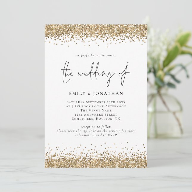 Invitación Código QR Glam Bordes de Purpurina Dorada Boda (Anverso de pie)