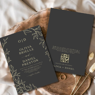 Invitación Código QR Gris carbonero y Boda de hoja mínima de