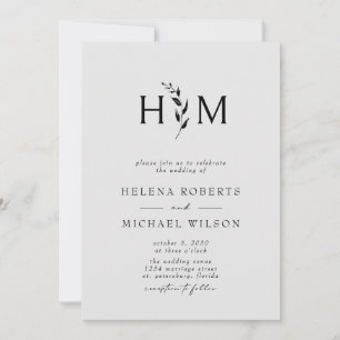 Invitación Código QR gris negro RSVP Boda de monograma botáni