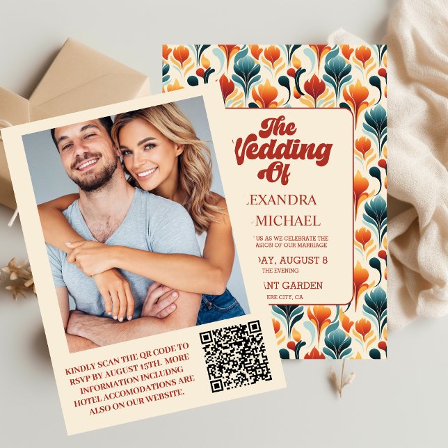 Invitación Código QR Groovy Retro 70 Boda Floral (Subido por el creador)