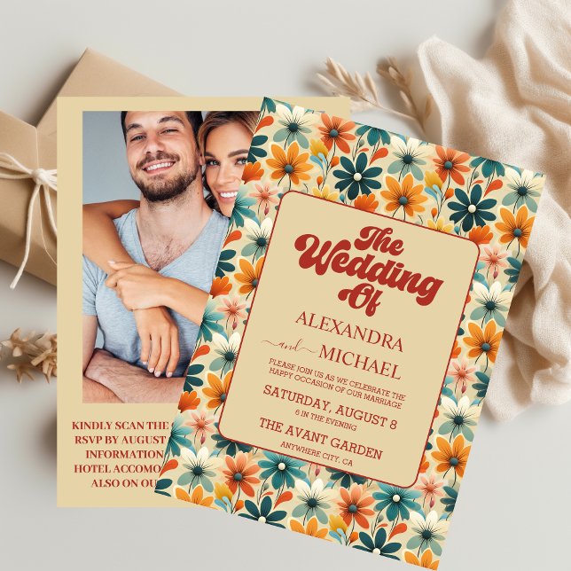 Invitación Código QR Groovy Retro Floral Boda 70s (Subido por el creador)