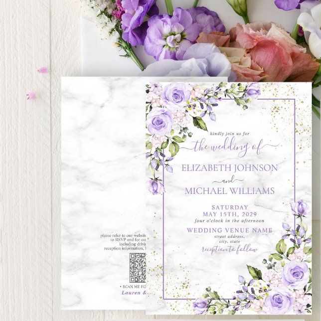 Invitación Código QR Lavanda Lilac Dorada Marble Floral Boda (Subido por el creador)