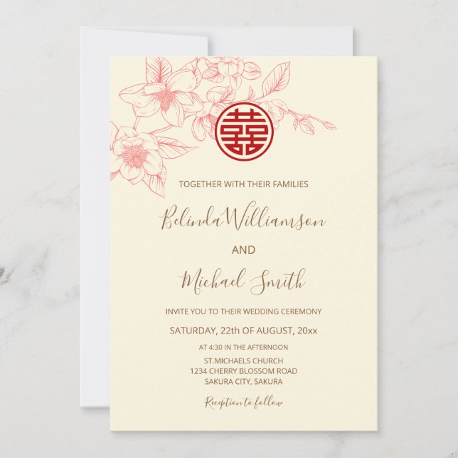 Invitación Código QR | Magnolia Cream Chinese Boda (Anverso)