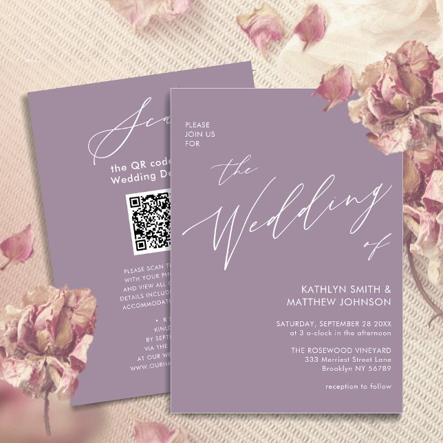 Invitación Código QR malva morado en un Boda moderno (Subido por el creador)