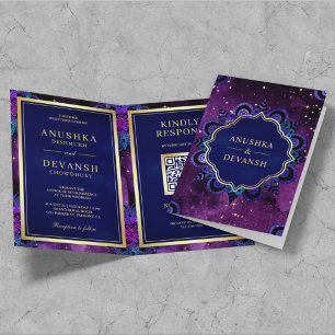 Invitación Código QR Mandala Azul Galaxia Púrpura Boda India