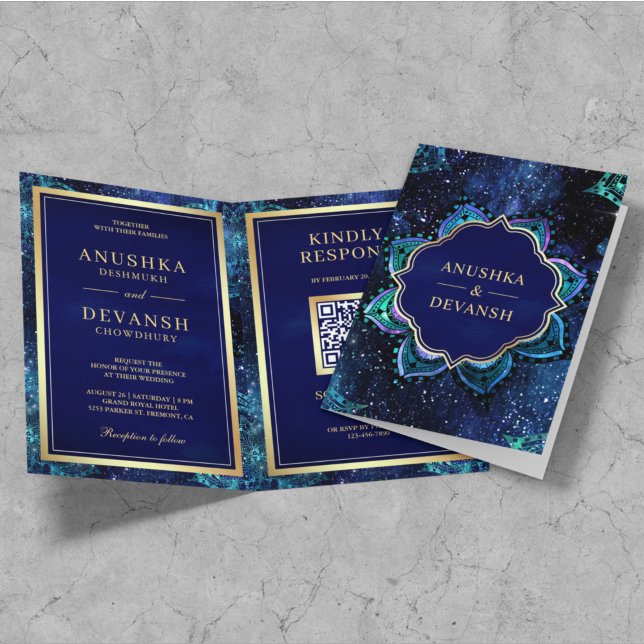 Invitación Código QR Mandala de la Galaxia Azul Real Boda Ind (Subido por el creador)