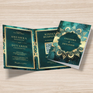 Invitación Código QR Mandala Dorado Galaxia Verde Boda India
