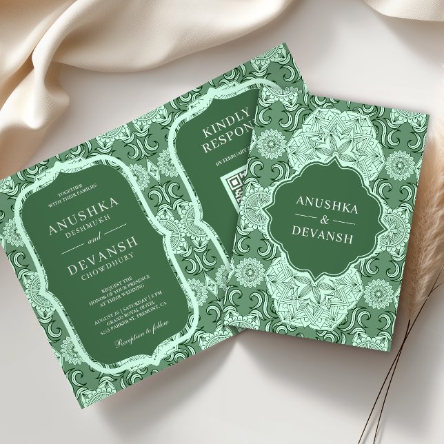 Invitación Código QR Mandala Verde Boda India (Subido por el creador)