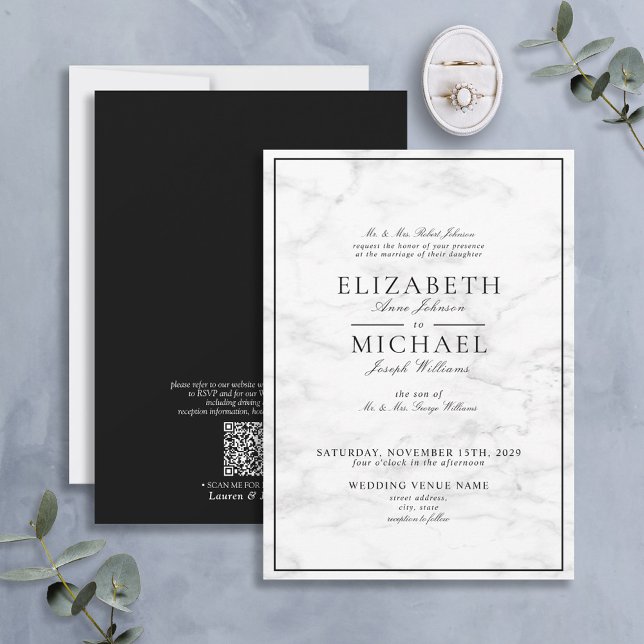 Invitación Código QR Mármol blanco negro Boda de guiones clás (Subido por el creador)