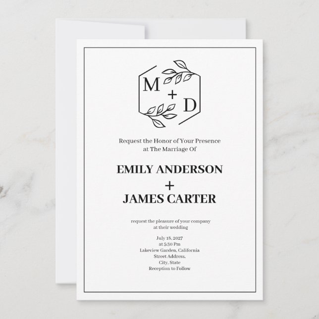 Invitación Código QR Minimal Monograma Botánico Boda (Anverso)