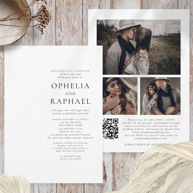 Invitación Código QR minimalista 3 fotos Boda bohemio (Front and back view)