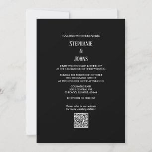 Invitación Código QR minimalista Boda de escritura blanco neg