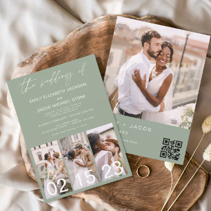 Invitación Código QR Minimalista del Boda verde sabio