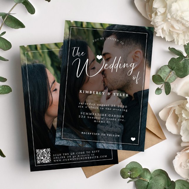 Invitación CÓDIGO QR moderno 2 foto superpuesta boda negro (Subido por el creador)