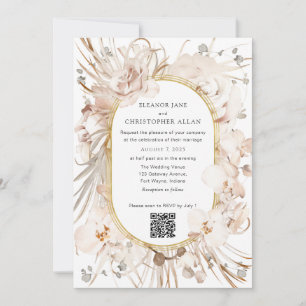 Invitación Código QR moderno beige floral boda jardín