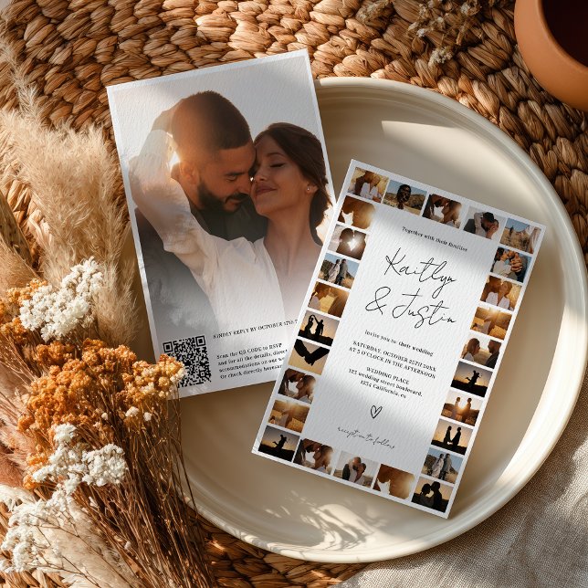 Invitación Código Qr moderno Boda de cuadrícula fotográfica m (Modern Qr code Minimal 29 Photo Grid Wedding Invitation)