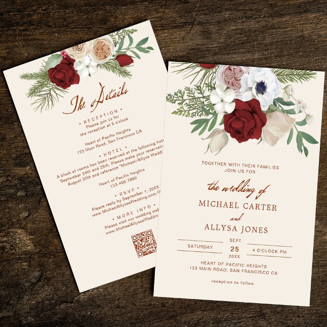 Invitación Código QR moderno Boda de presupuesto Beige y flor (Subido por el creador)
