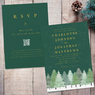 Invitación Código QR Moderno Bosque Verde Dorado Boda de Invi