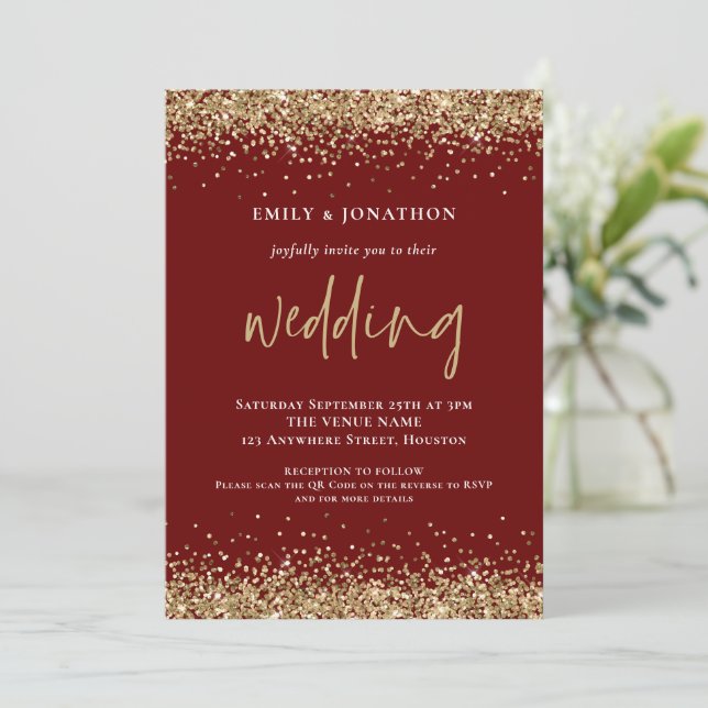 Invitación Código QR moderno con brillo dorado para boda burd (Anverso de pie)