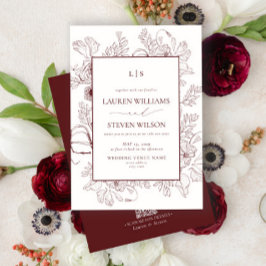 Invitación Código QR Monograma Burgundy Floral Line Art Boda