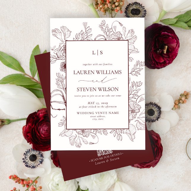 Invitación Código QR Monograma Burgundy Floral Line Art Boda (Subido por el creador)