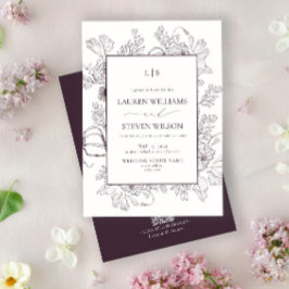 Invitación Código QR Monograma Elegante Boda Floral Púrpura