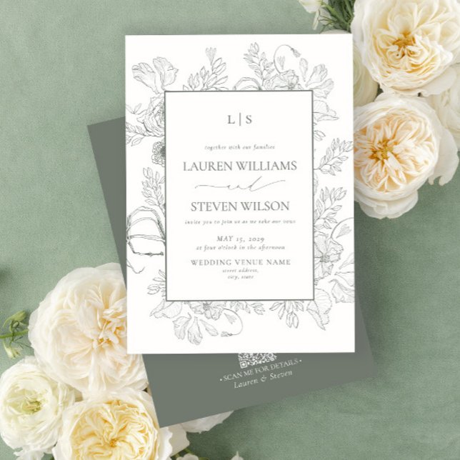 Invitación Código QR Monograma Elegante Sage Verde Floral Lín (Subido por el creador)