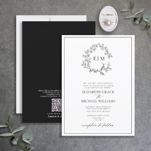 Invitación Código QR Monograma Escudo de Leafy Blanco Formal