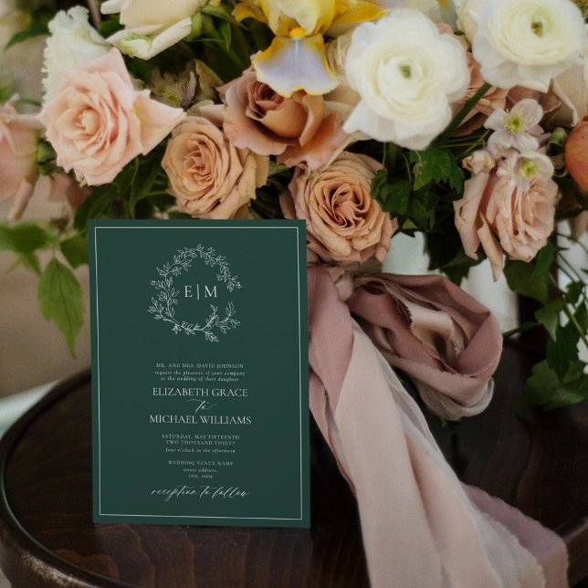 Invitación Código QR Monograma Escudo de Leafy Verde Esmerald (Subido por el creador)